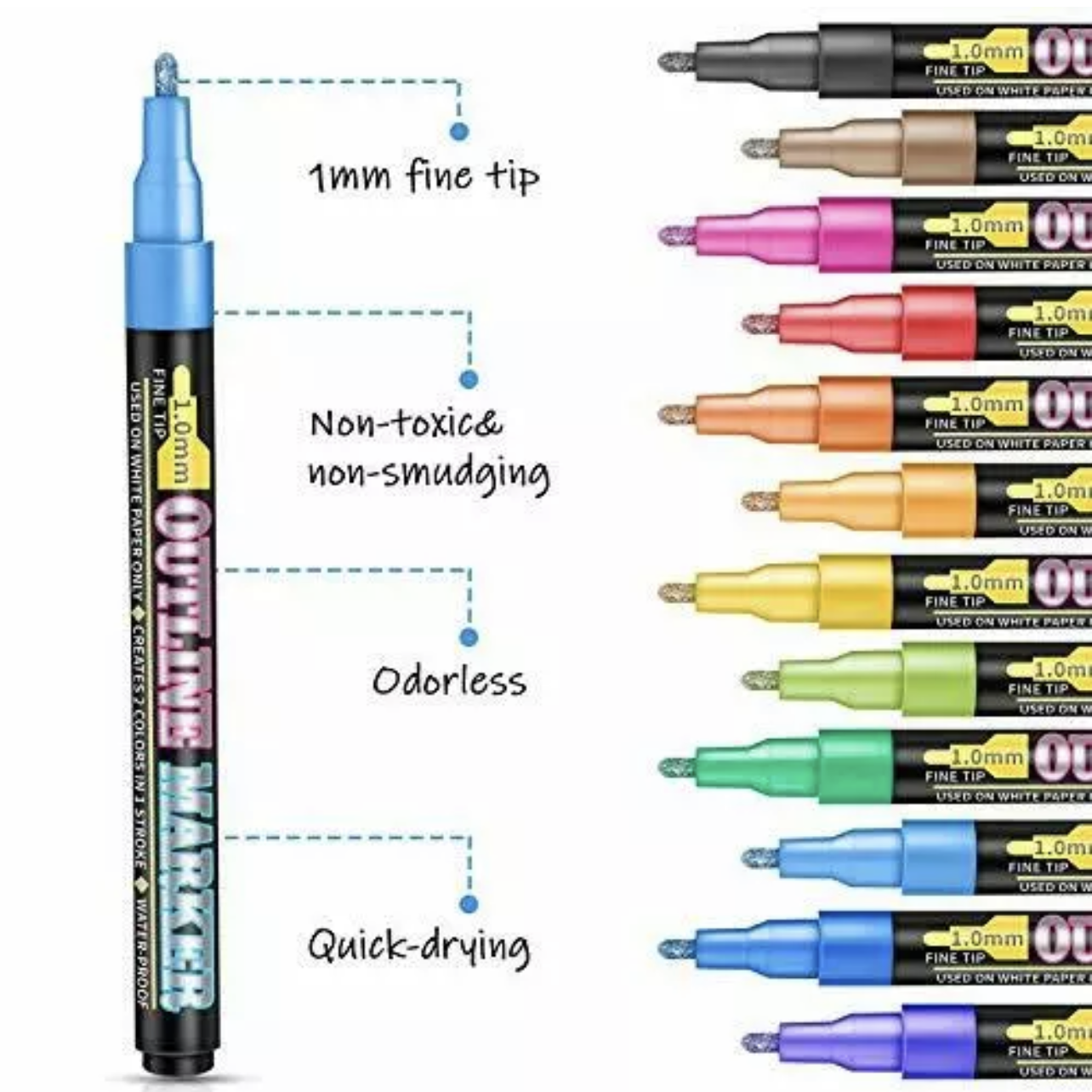 12/18 Pcs Flysea Double Line Outline Pens Assorted Colours