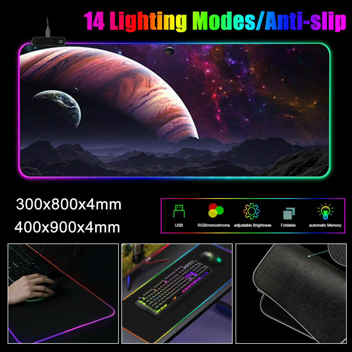 RGB Gaming Mouse Pad Extended 14 Lighting Modes USB Non-Slip
