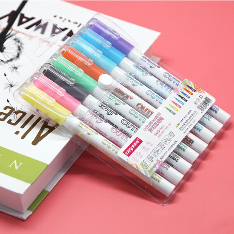 8PCS Multicolored Super Squiggles Outline Marker Pen Set