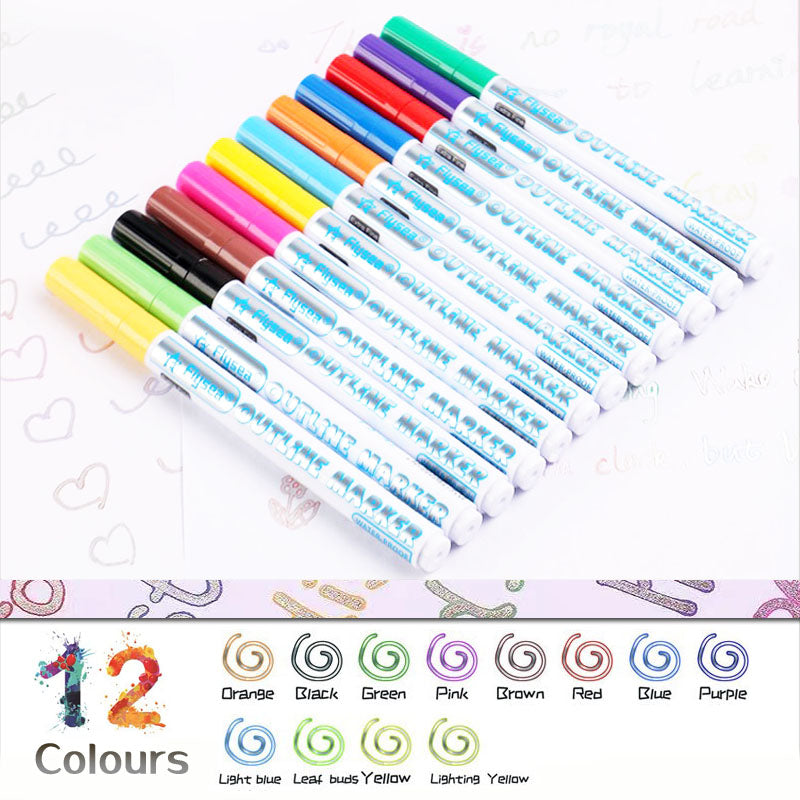 12 Colours Double Line Outline Marker Pens Water-Based
