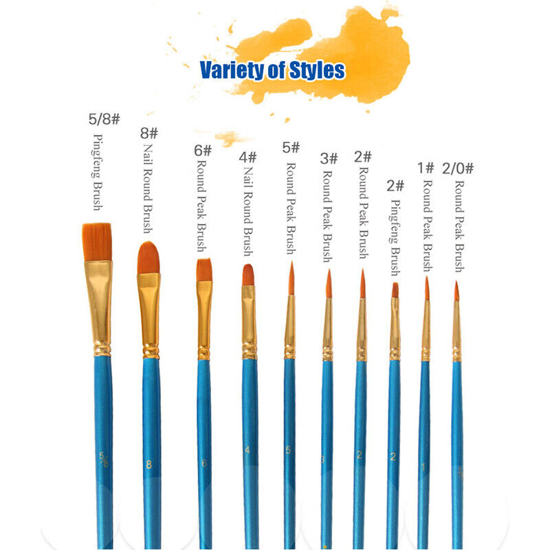 10 Pcs Artist Paint Brushes Set Nylon Bristle Wooden Handle