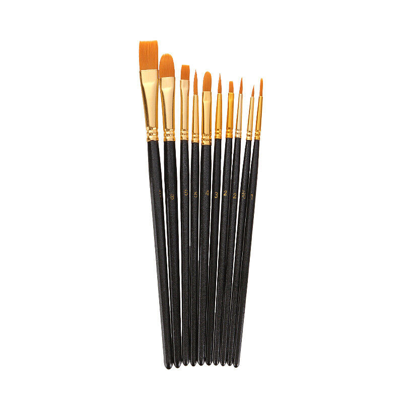 10 Pcs Artist Paint Brushes Set Nylon Bristle Wooden Handle