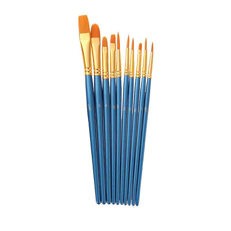10 Pcs Artist Paint Brushes Set Nylon Bristle Wooden Handle