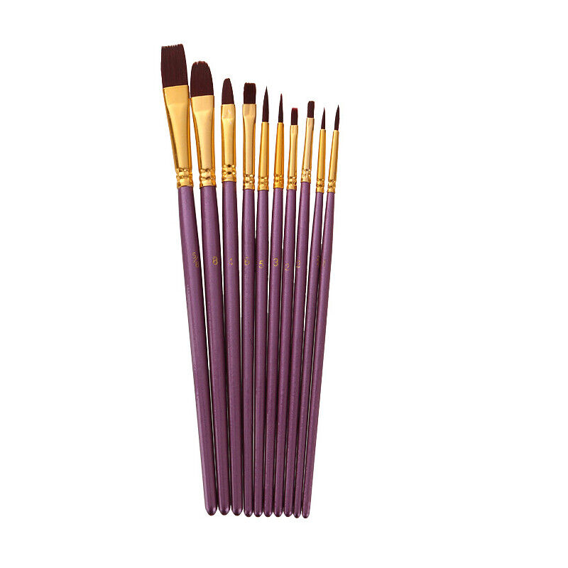 10 Pcs Artist Paint Brushes Set Nylon Bristle Wooden Handle