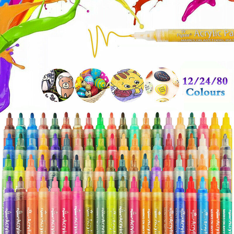 Flysea 12/24/80 Pcs Acrylic Paint Pens Water-Based 2–3 mm