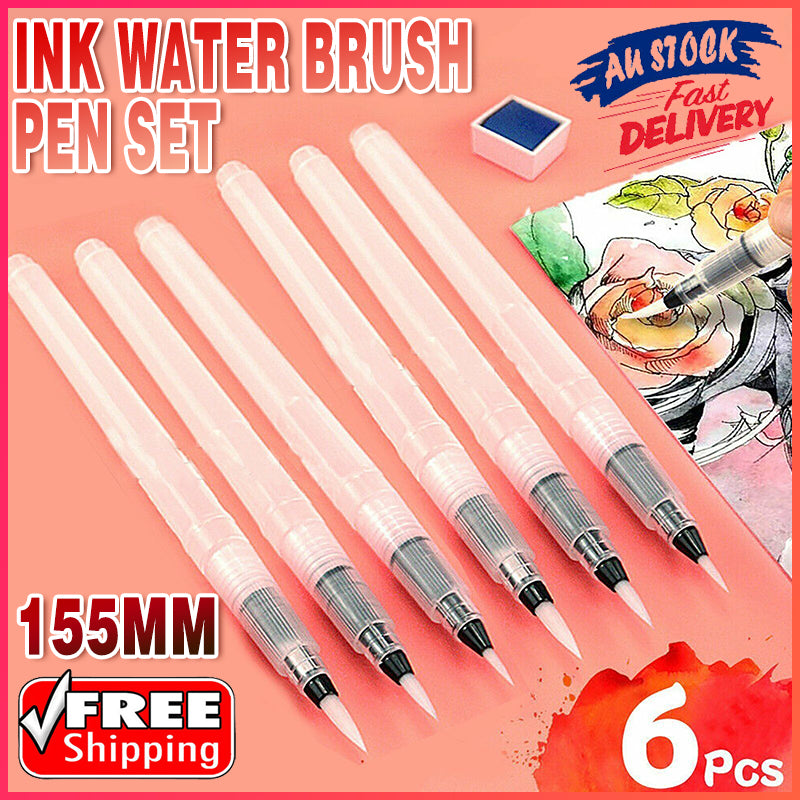 6x Artist Ink Water Brush Pen Set for Watercolor Calligraphy Painting Drawing