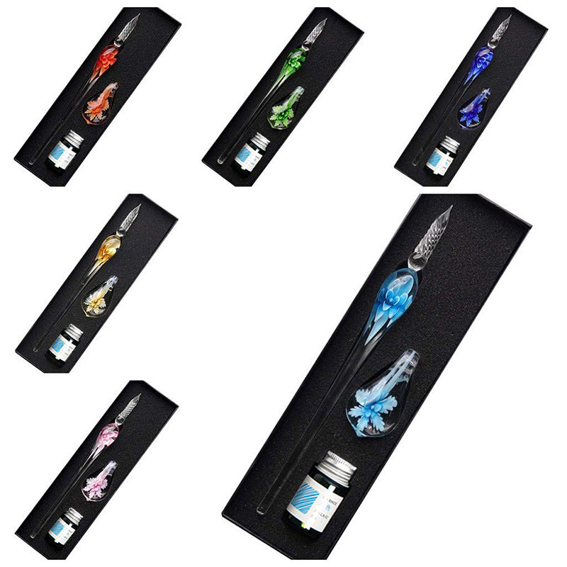 Glass Dip Pen Writing Set Floral Pattern with Penholder and Ink
