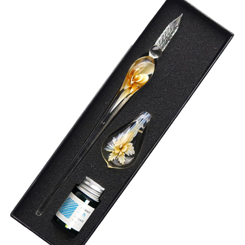 Glass Dip Pen Writing Set Floral Pattern with Penholder and Ink
