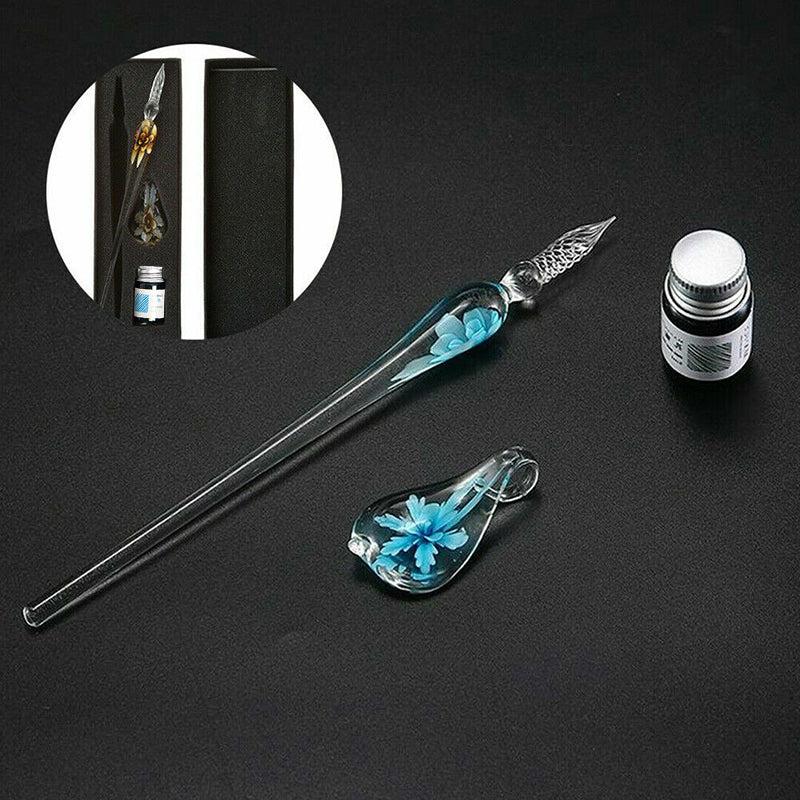Glass Dip Pen Writing Set Floral Pattern with Penholder and Ink