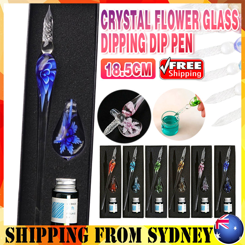 Glass Dip Pen Writing Set Floral Pattern with Penholder and Ink