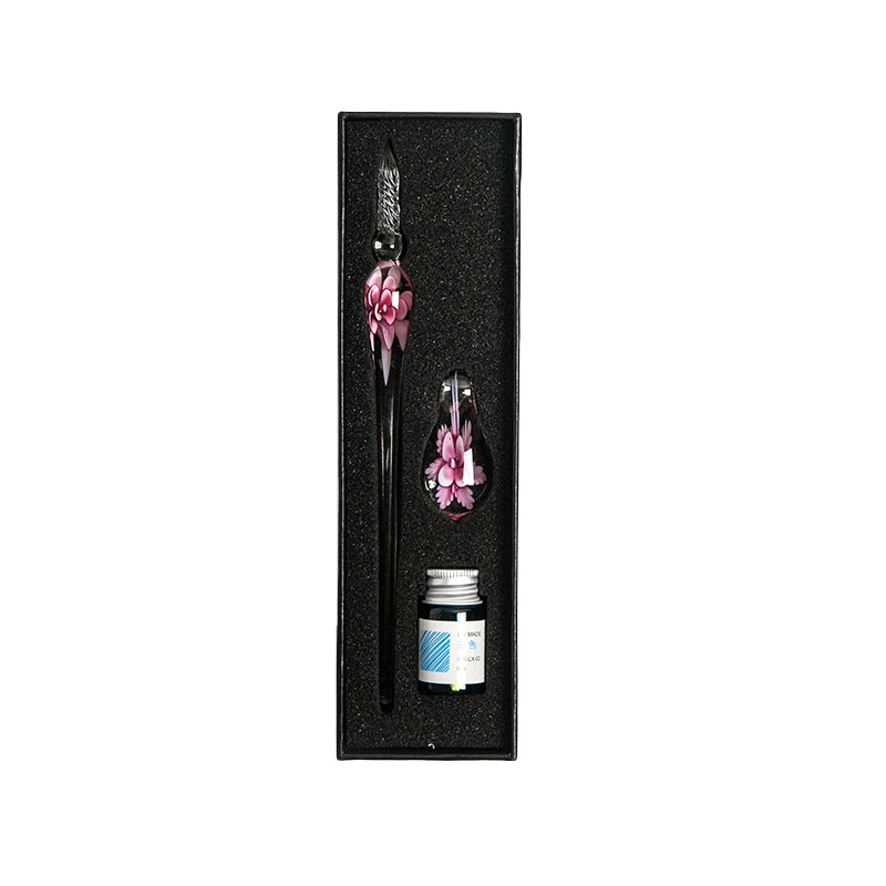 Glass Dip Pen Writing Set Floral Pattern with Penholder and Ink