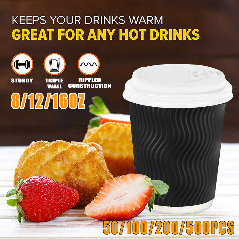 50–500 Pcs Disposable Coffee Cups Triple Wall Black Takeaway