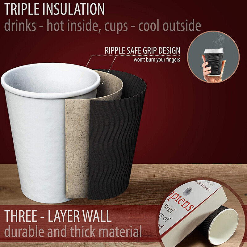 50–500 Pcs Disposable Coffee Cups Triple Wall Black Takeaway