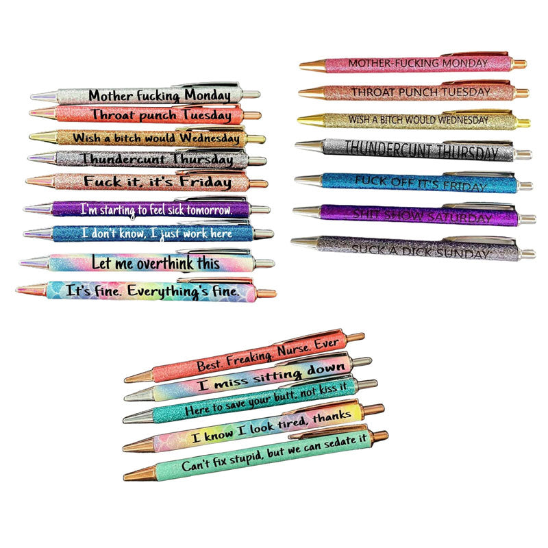 10 Pcs Funny Swear Word Pen Set Weekday Vibes Glitter Pen Office Gift