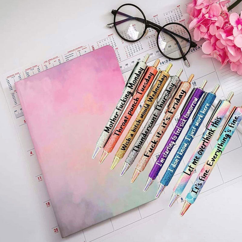 10 Pcs Funny Swear Word Pen Set Weekday Vibes Glitter Pen Office Gift
