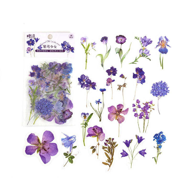40 Pcs PET Transparent Flower Stickers Scrapbooking Set