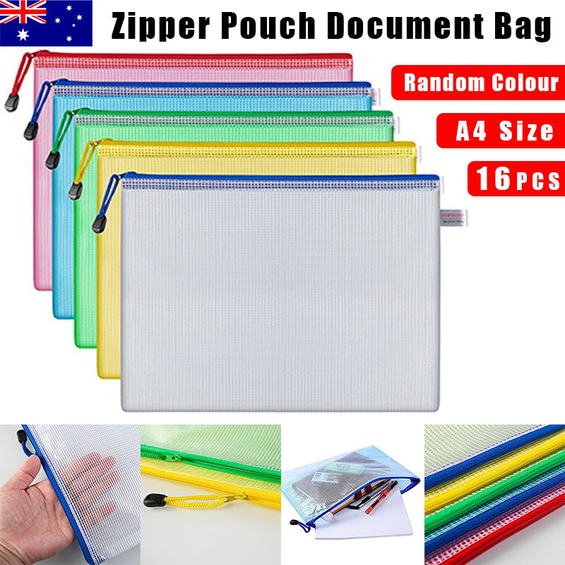 16 Pcs A4 Transparent Mesh File Bags with Zipper Waterproof PVC