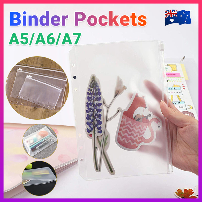 12 Pcs Clear PVC 6-Hole Zipper Binder Pockets A5 A6 A7