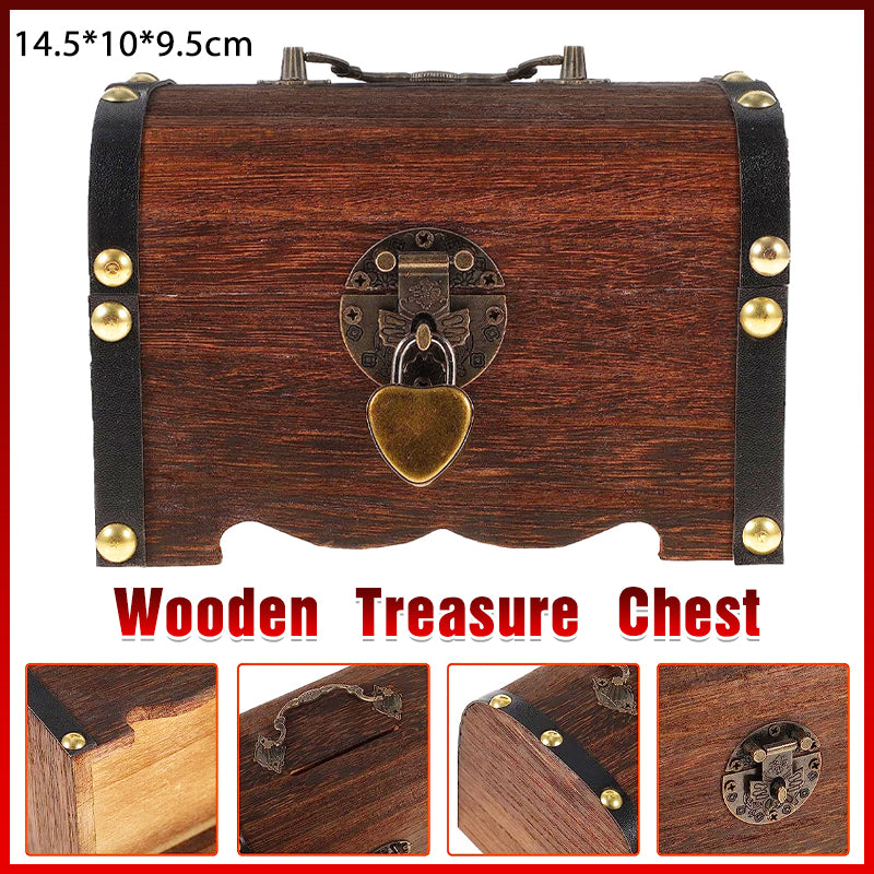 Wooden Treasure Chest Piggy Bank with Heart Lock