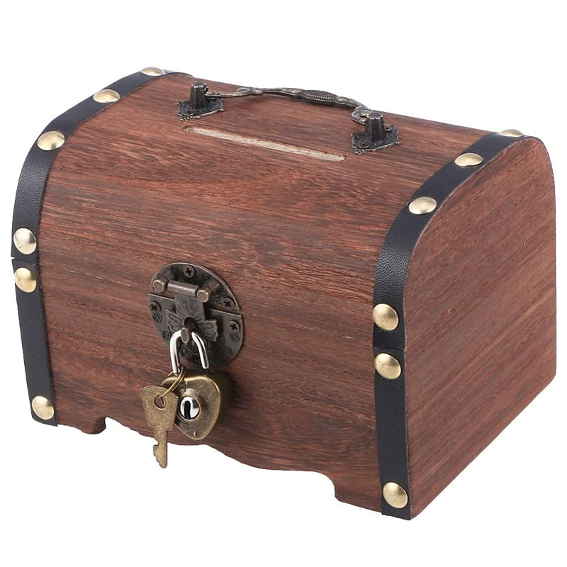 Wooden Treasure Chest Piggy Bank with Heart Lock