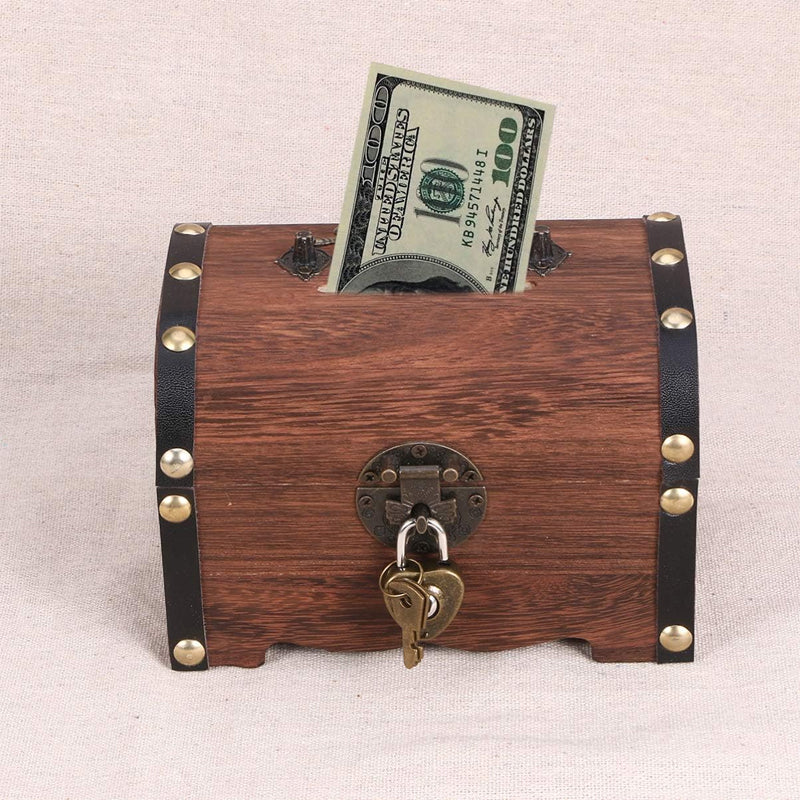 Wooden Treasure Chest Piggy Bank with Heart Lock
