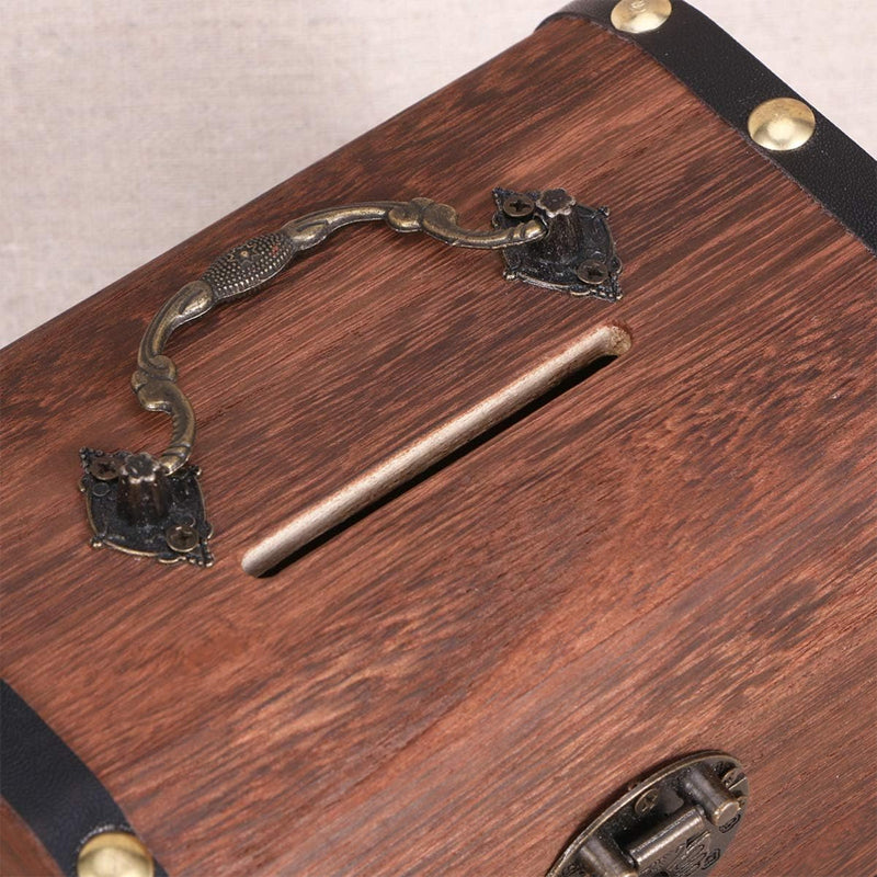 Wooden Treasure Chest Piggy Bank with Heart Lock