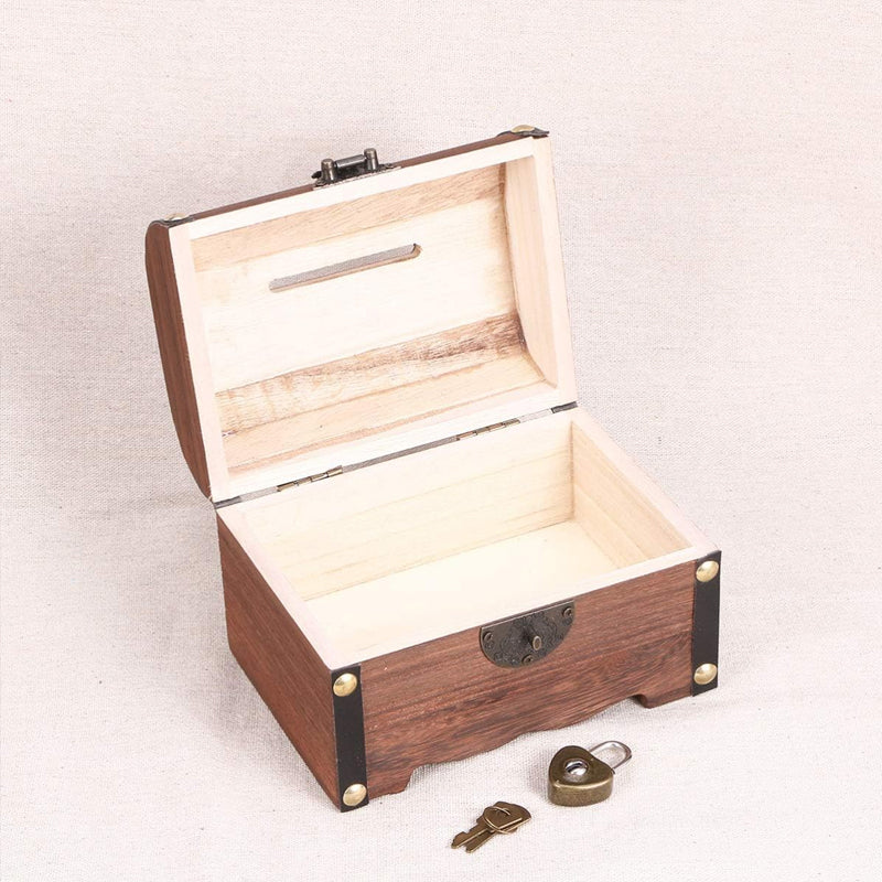 Wooden Treasure Chest Piggy Bank with Heart Lock