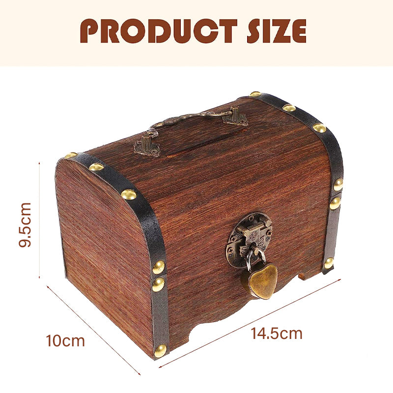 Wooden Treasure Chest Piggy Bank with Heart Lock