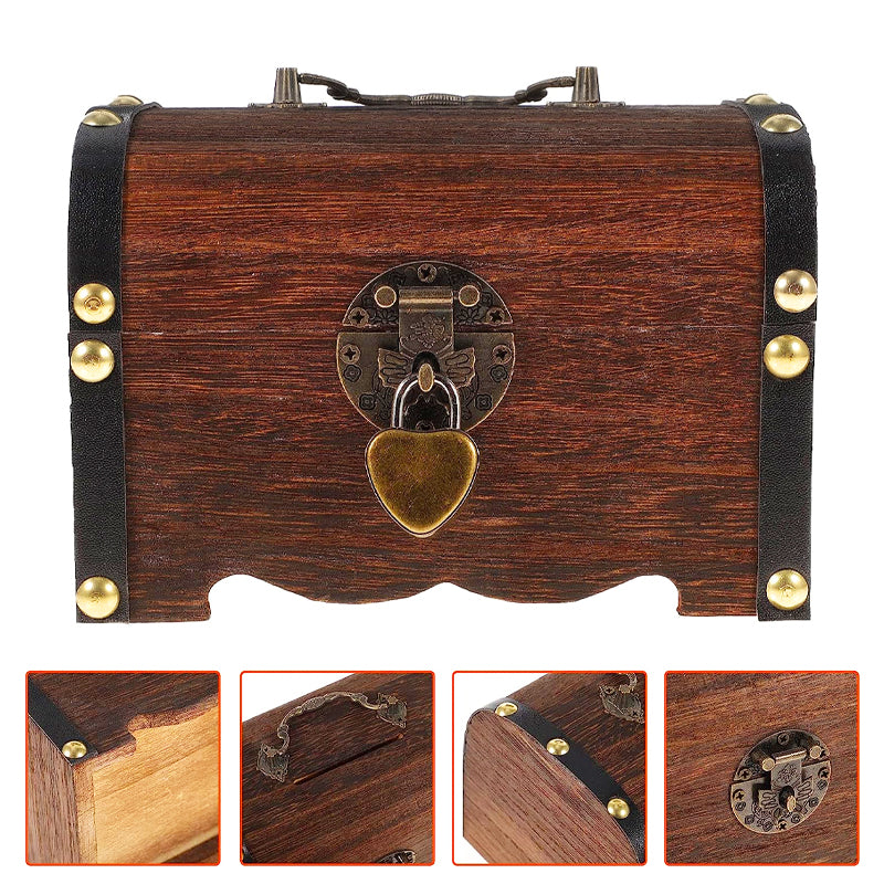 Wooden Treasure Chest Piggy Bank with Heart Lock