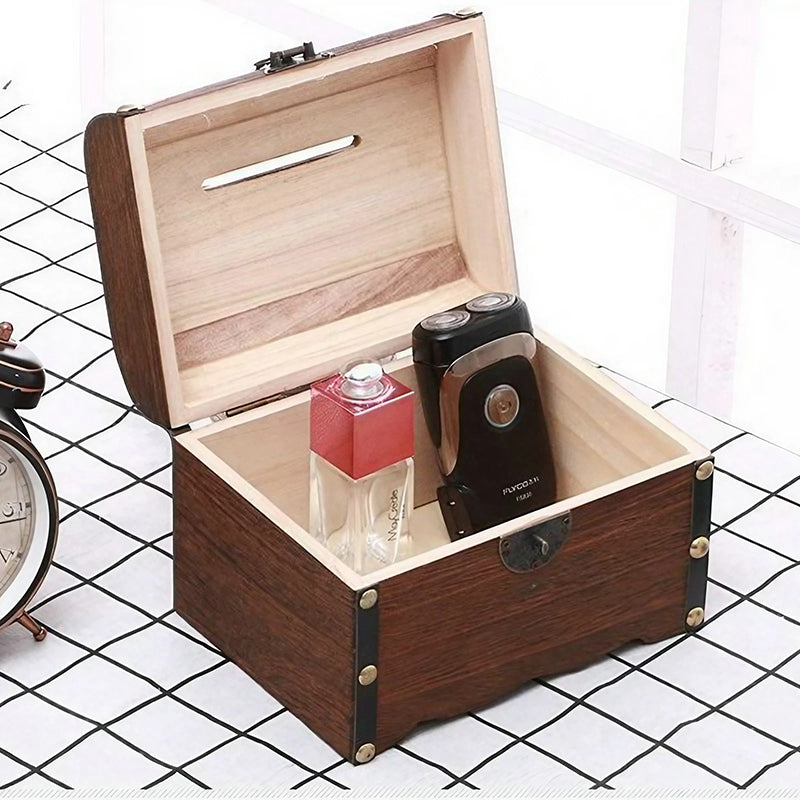 Wooden Treasure Chest Piggy Bank with Heart Lock