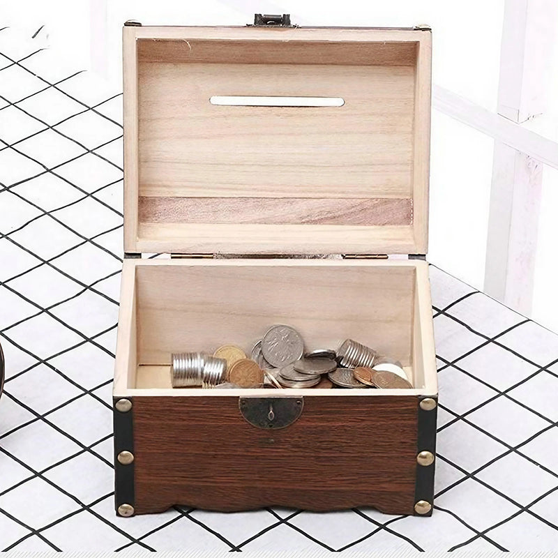 Wooden Treasure Chest Piggy Bank with Heart Lock