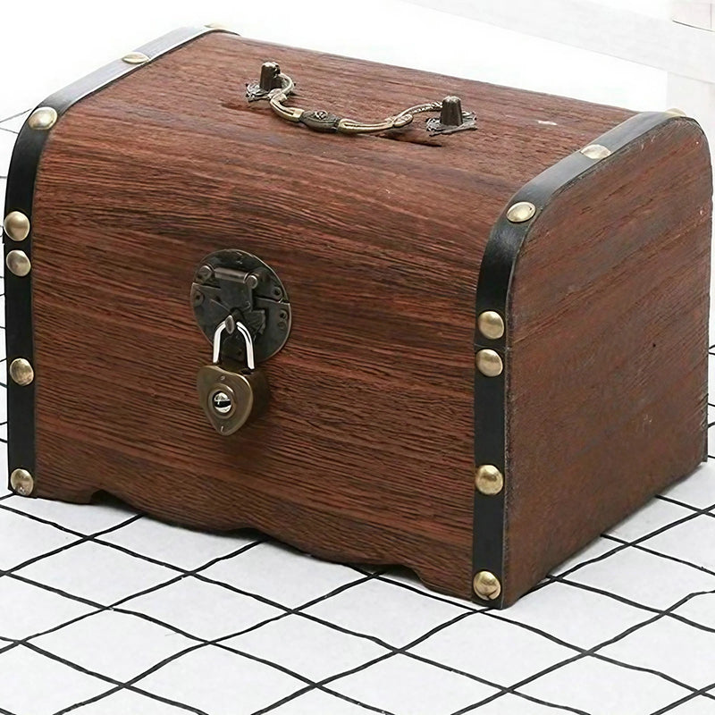 Wooden Treasure Chest Piggy Bank with Heart Lock