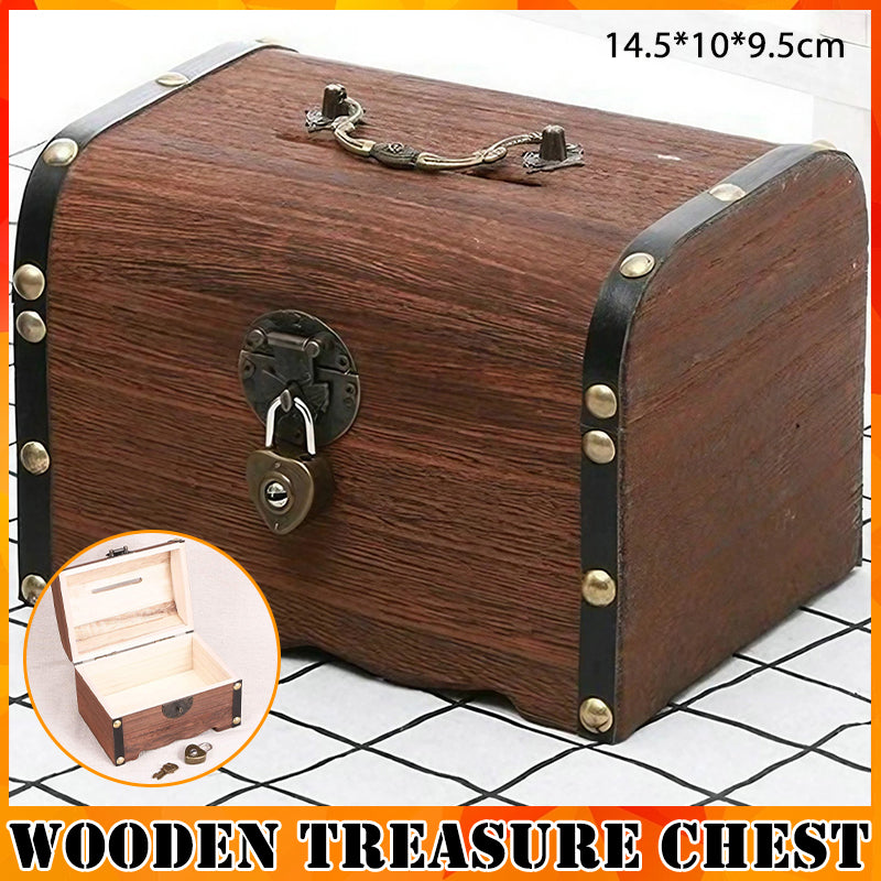 Wooden Treasure Chest Piggy Bank with Heart Lock