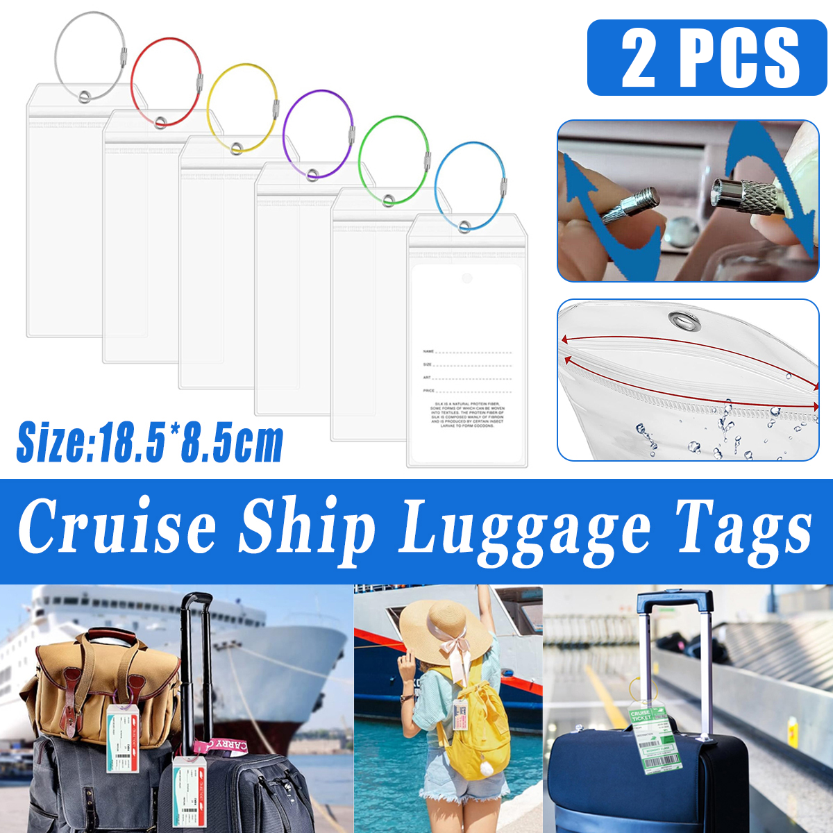 2 Pcs Clear PVC Luggage Tags with Zip Pouch Steel Wire Cable