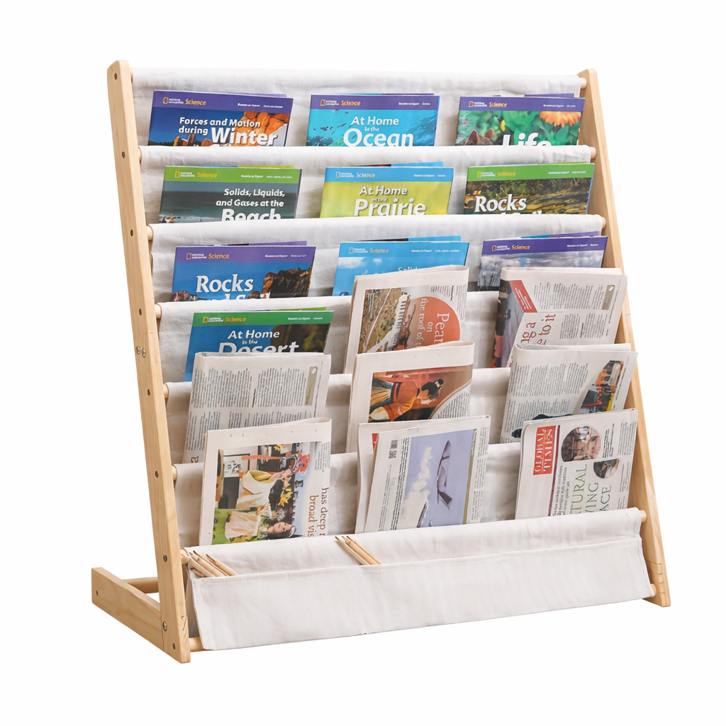 Desktop Book Display Stand Canvas Pockets Solid Wood