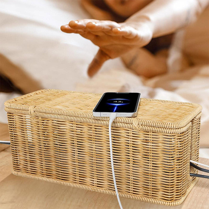 Cable Management Box with 180° Flip Cover Rattan 31×12.5×13cm