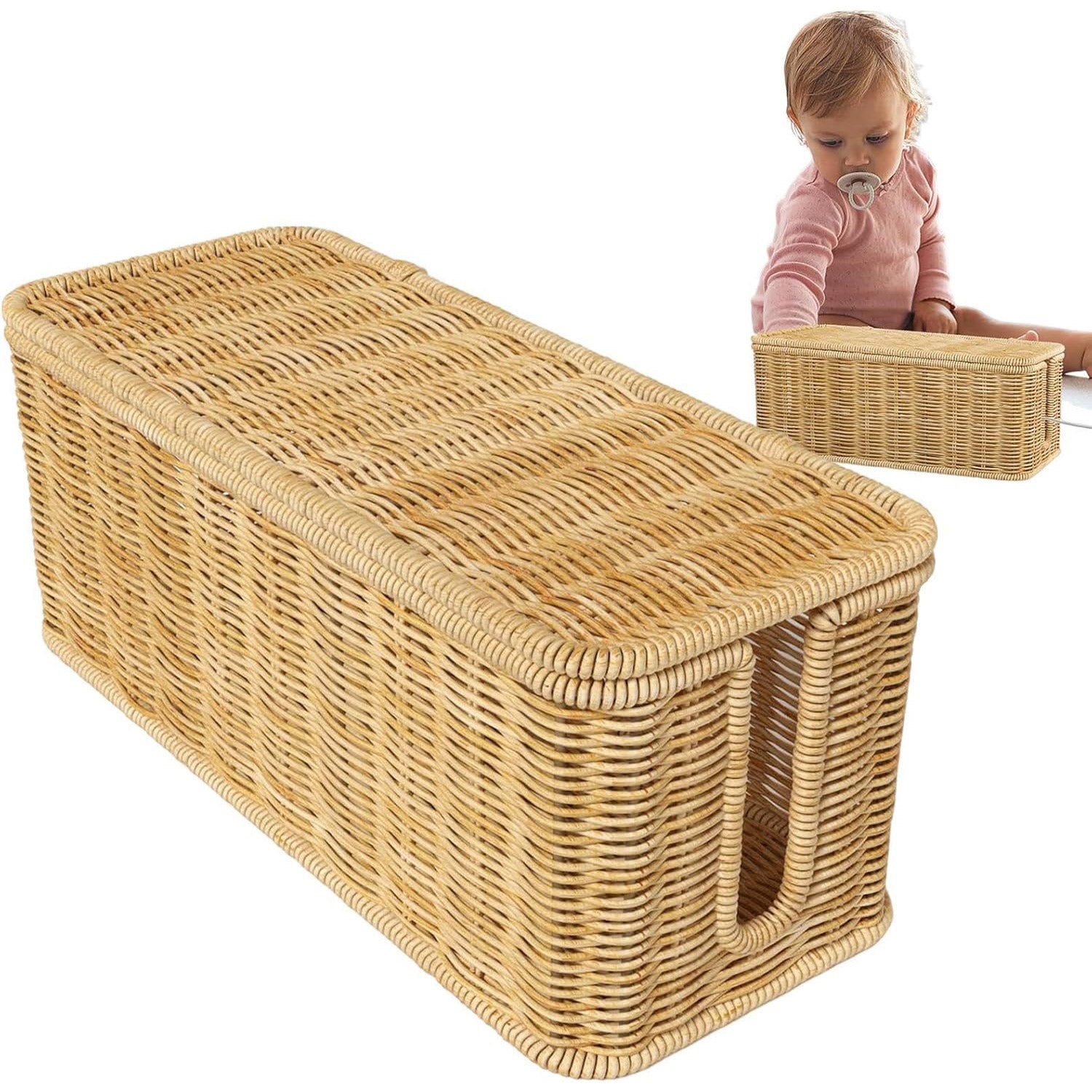 Cable Management Box with 180° Flip Cover Rattan 31×12.5×13cm