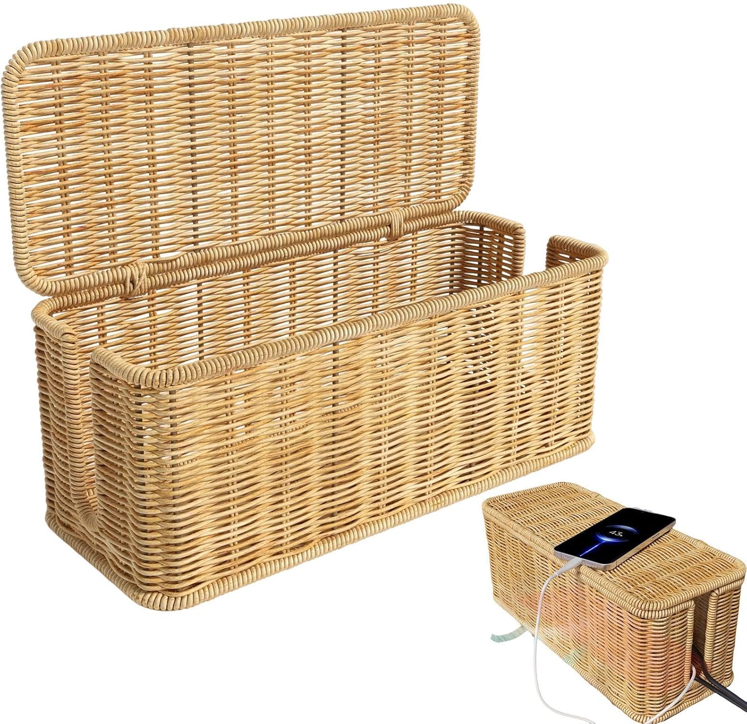 Cable Management Box with 180° Flip Cover Rattan 31×12.5×13cm