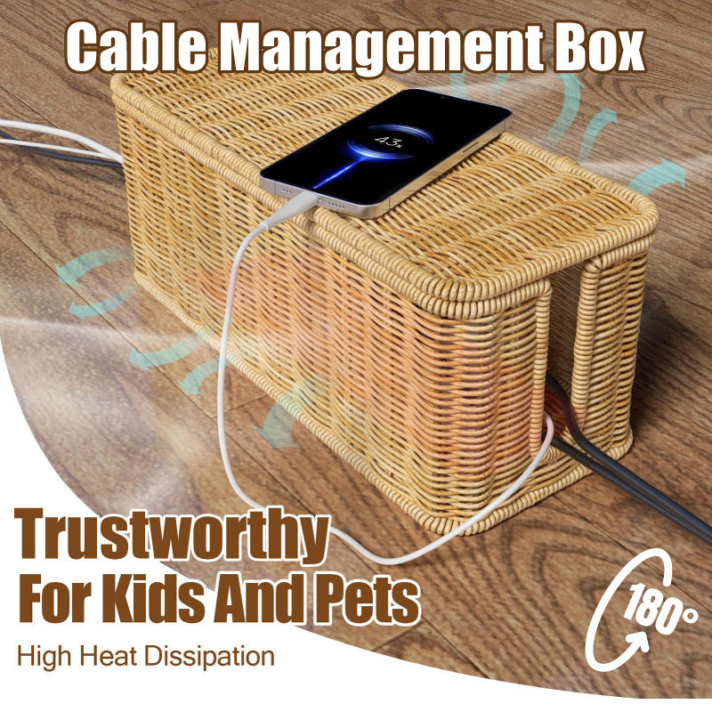 Cable Management Box with 180° Flip Cover Rattan 31×12.5×13cm