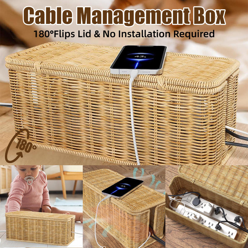 Cable Management Box with 180° Flip Cover Rattan 31×12.5×13cm