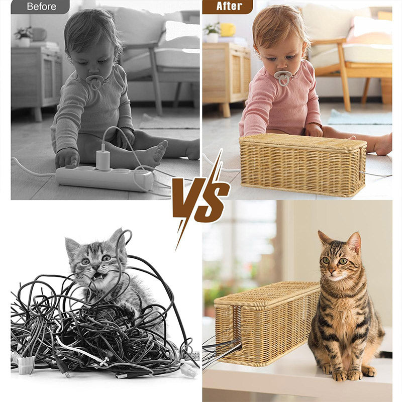 Cable Management Box with 180° Flip Cover Rattan 31×12.5×13cm