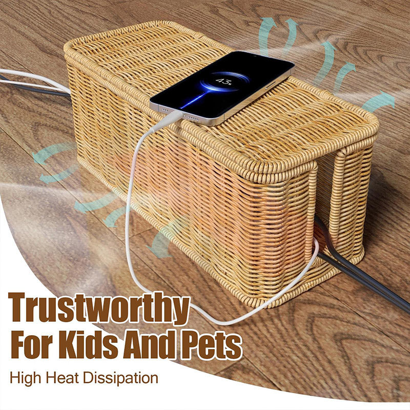 Cable Management Box with 180° Flip Cover Rattan 31×12.5×13cm