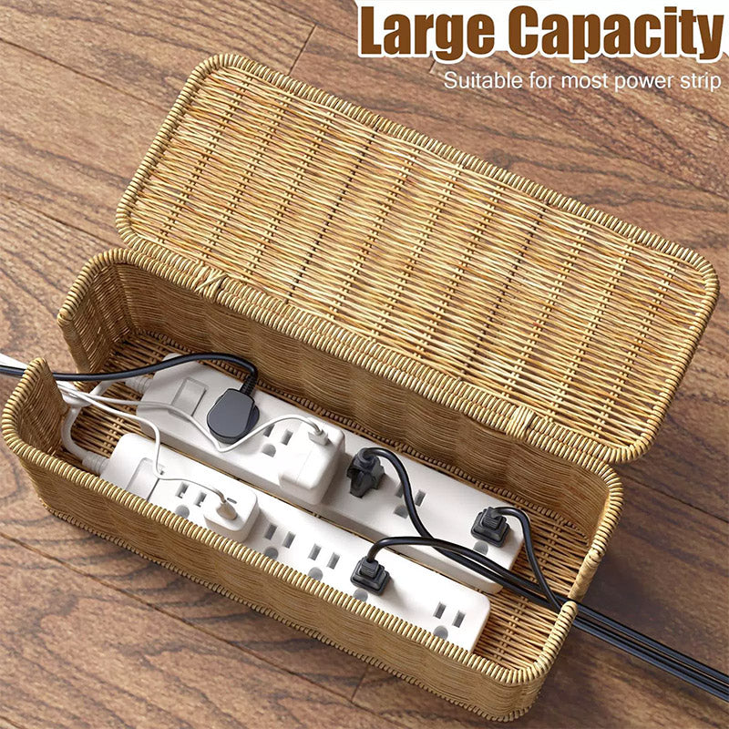 Cable Management Box with 180° Flip Cover Rattan 31×12.5×13cm