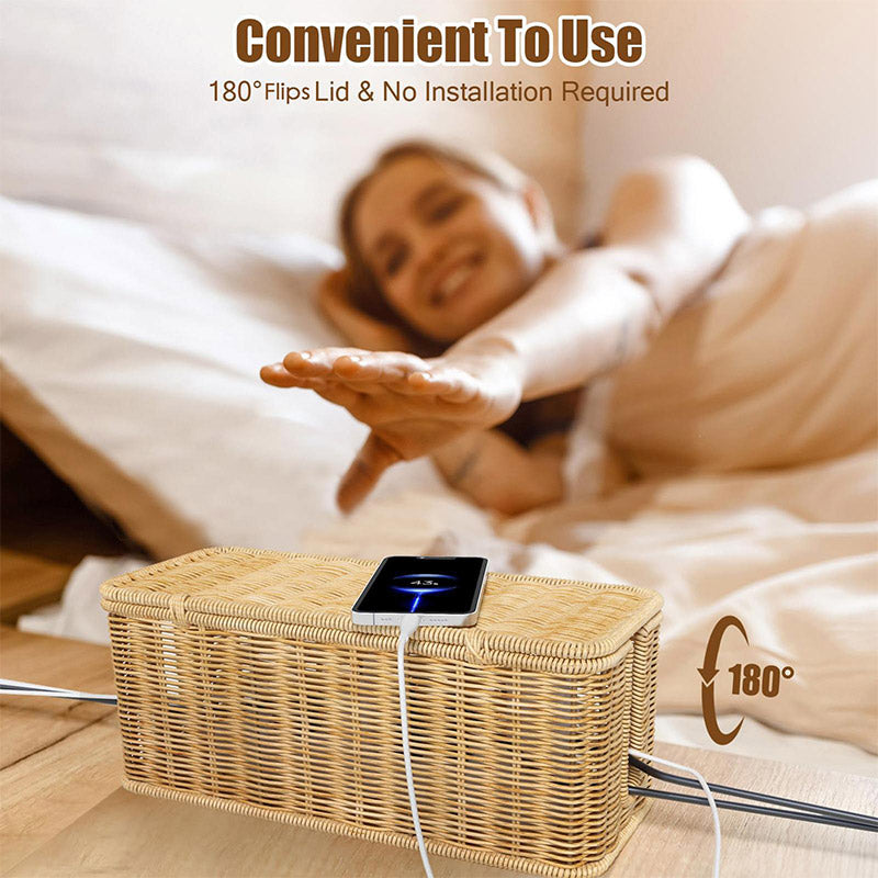 Cable Management Box with 180° Flip Cover Rattan 31×12.5×13cm