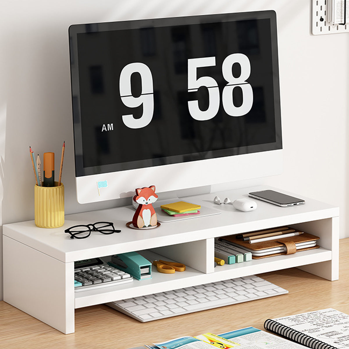 2 Pcs Monitor Riser and 3-Tier Desk Storage Rack White Wood