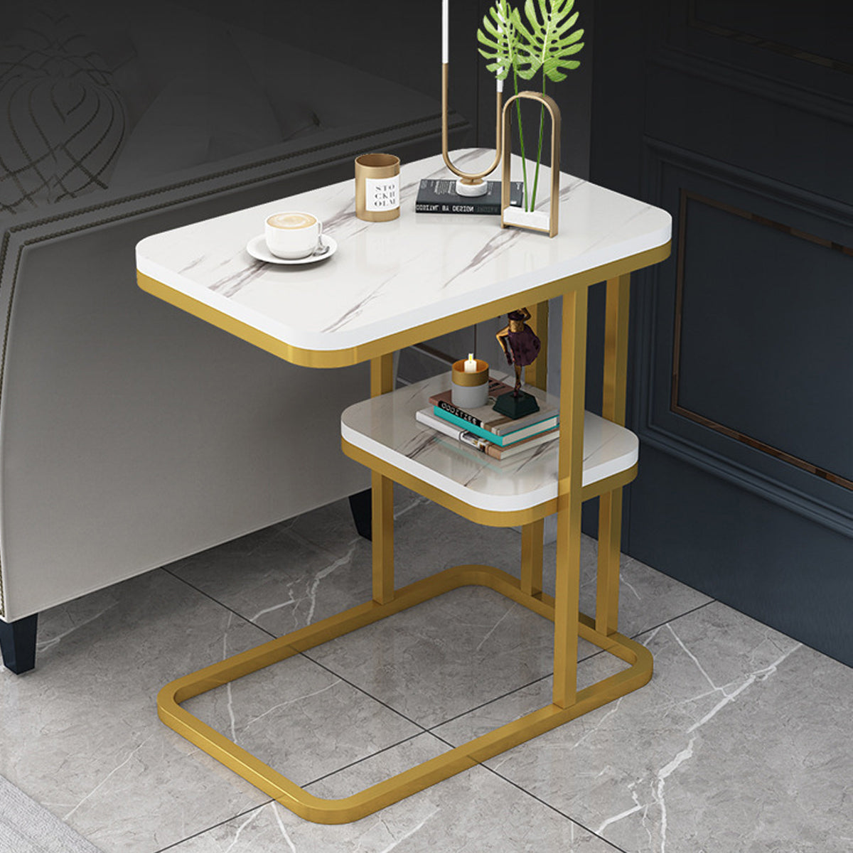 2-Tier Sofa Side Table with Storage Shelf Living Room
