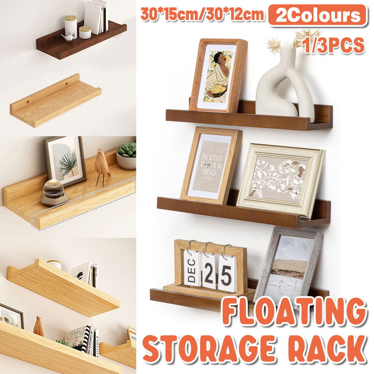 Wall Mounted Floating Wood Storage Shelf for Home Organization
