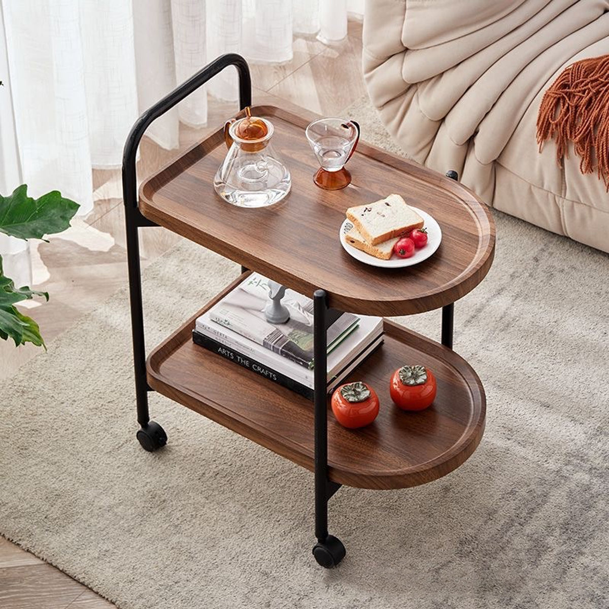 Movable Sofa Side Table Tea Trolley Shelf with Lockable Wheels
