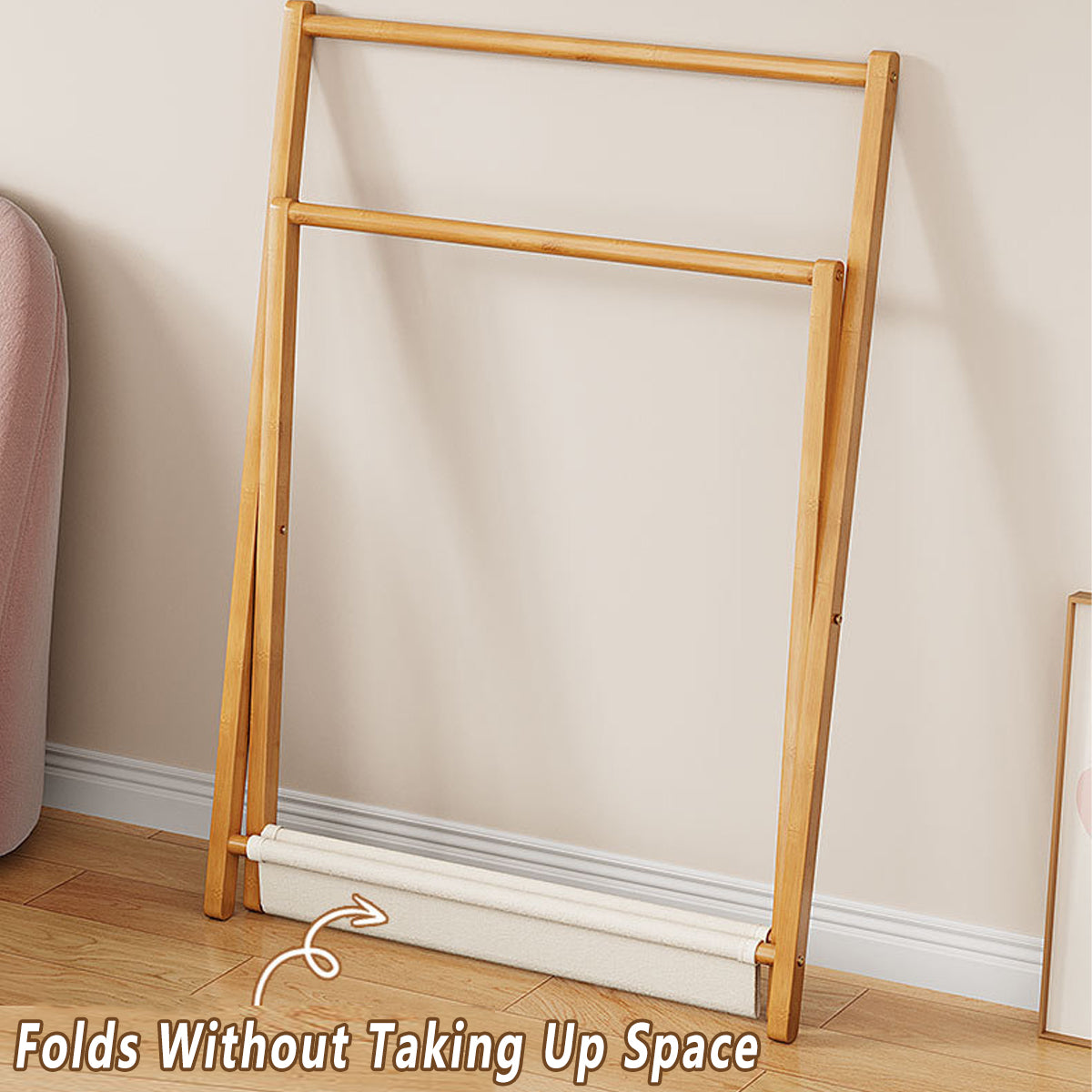 Foldable Bamboo Clothes Rack with Fabric Shelf