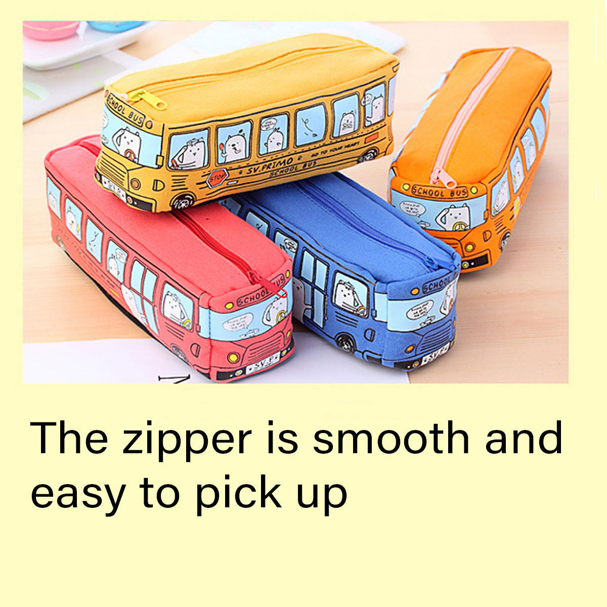 4 Pcs Cartoon Bus Pencil Case Large Capacity Washable Canvas
